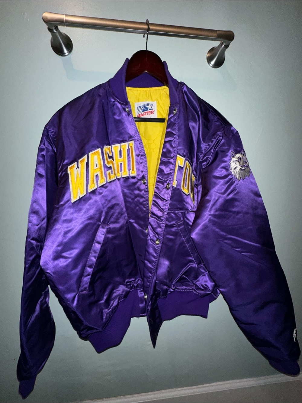 Vintage STARTER Large Purple Satin Huskies Varsity Jacket with Yellow Lining